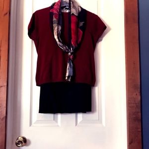 Boutique Sweater, scarf w Black Skirt and wedges.